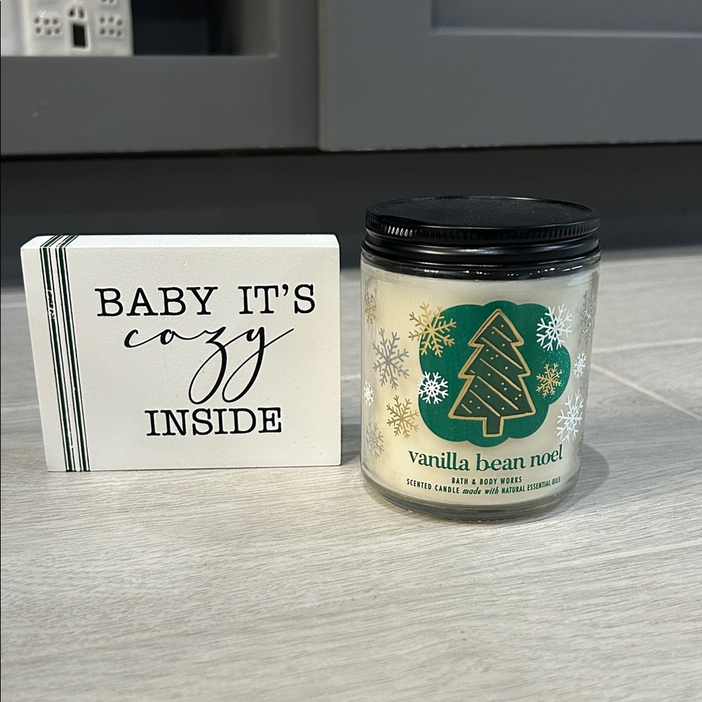 Vanilla Bean Noel Scented Candle - Cream & Baby it’s Cozy Inside sign